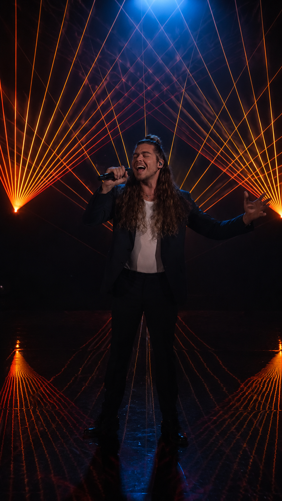 Jourdan Blue performing under orange laser lights on the America's Got Talent finale stage